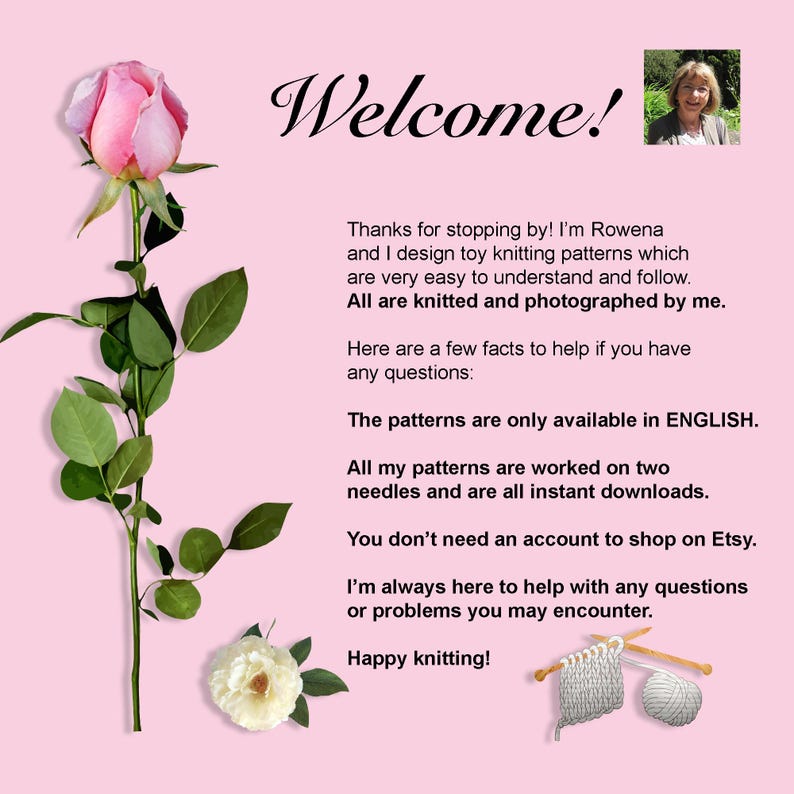 May include: A pink background with the word "Welcome!" in elegant script. A pink rose and white flower with green leaves are on the left. Text below describes knitting patterns. A photo of a woman is in the upper right.