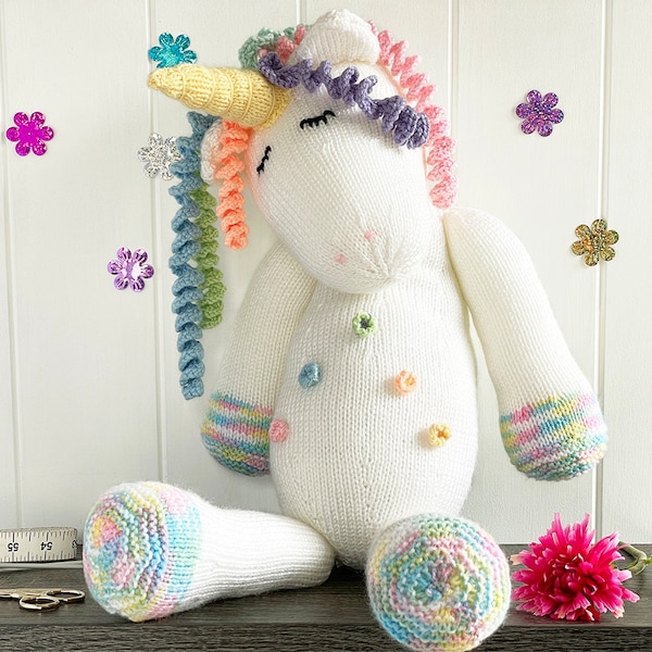 Unicorn Knitting Pattern 17 Inch Worked Flat Two Needles Easy to Knit Unicorn Soft Toy Knitting Pattern Instant Download