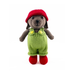 May include: A handmade knitted dog doll wearing a red cap, green overalls with yellow buttons, and red boots. The dog has brown fur and is standing upright against a white background. The doll is a soft toy.