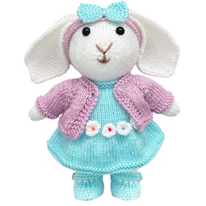 May include: A hand-knitted stuffed rabbit toy with white fur, black bead eyes, and a brown stitched nose. The rabbit wears a light blue dress with three small white flower appliqués, a mauve cardigan with a single button, and matching blue shoes.