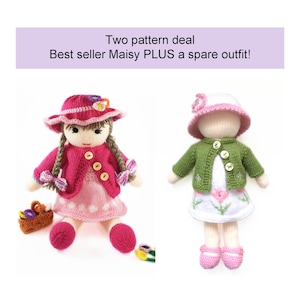 May include: Two knitted dolls, one in pink and one in green, with matching hats and outfits. The dolls are holding baskets of flowers. The text "Two pattern deal Best seller Maisy PLUS a spare outfit!" is displayed above the dolls.