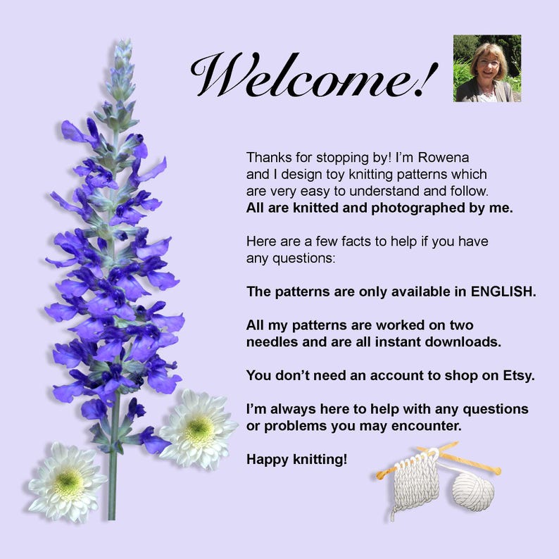 May include: A lavender-colored image with the word "Welcome!" in elegant script. The image includes text about toy knitting patterns, a photo of a woman, and illustrations of knitting needles and yarn. A sprig of purple flowers and white daisies are on the left.