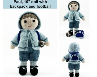 Doll Knitting Pattern 25cm (10 inch) With Pants, Jacket, Backpack and Football Worked Flat on Two Needles