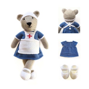 May include: A handmade knitted teddy bear dressed as a nurse, wearing a blue dress with white trim, a white apron with a red cross, and a white cap. The bear also has white shoes. Additional images show the bear's back, a dress, and shoes.