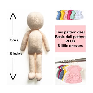 Basic Doll Knitting Pattern 33cm (13 inch) Doll Body Base Worked Flat Plus Dolls Dresses Top Down