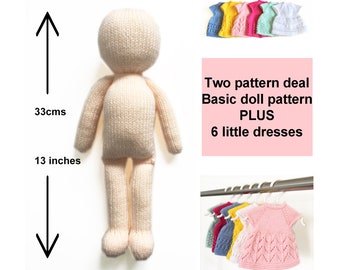 Basic Doll Knitting Pattern 33cm (13 inch) Doll Body Base Worked Flat Plus Dolls Dresses Top Down