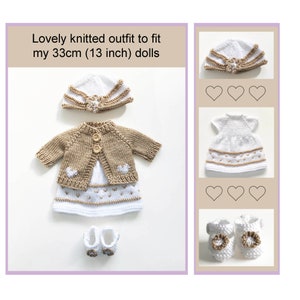 Dolls clothes knitting pattern to fit my 13 inch basic doll pattern. White dress with beige pattern on skirt, beige jacket with a white heart on each front, white and beige hat and white little shoes. All knit flat on two needles.