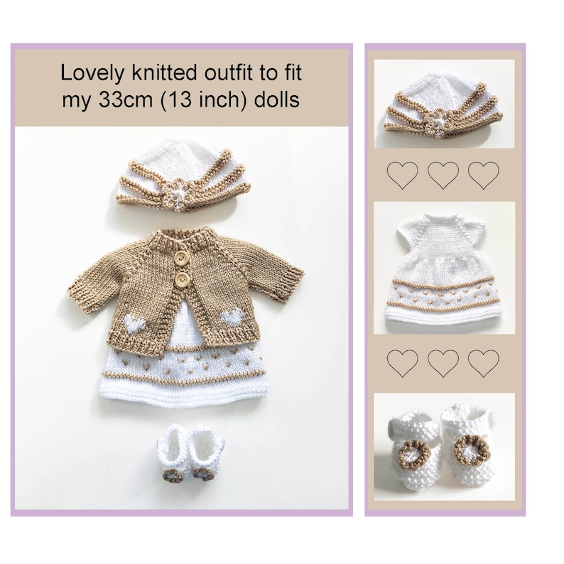 Dolls clothes knitting pattern to fit my 13 inch basic doll pattern. White dress with beige pattern on skirt, beige jacket with a white heart on each front, white and beige hat and white little shoes. All knit flat on two needles.