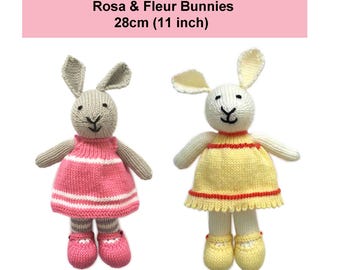Rosa & Fleur Bunny Rabbit Knitting Pattern 11 Inch Worked Flat On Two Needles