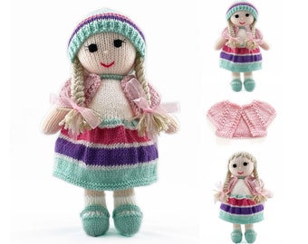 Doll Knitting Pattern 25cm (10 inch) With Dress, Bolero and Beanie Worked Flat on Two Needles