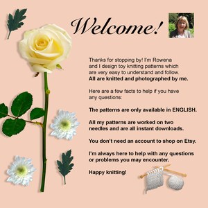 May include: A light peach-colored background with the word "Welcome!" in elegant script. A yellow rose and white flowers adorn the image, along with text about knitting patterns. The image includes a photo of a woman.