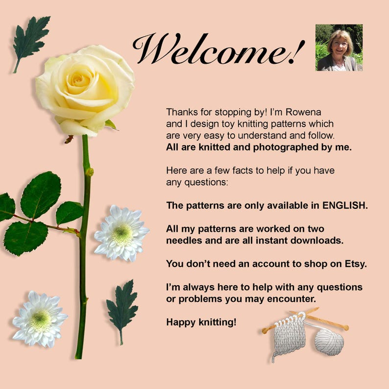 May include: A light peach-colored background with the word "Welcome!" in elegant script. A yellow rose and white flowers adorn the image, along with text about knitting patterns. The image includes a photo of a woman.