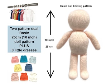 Basic Doll Knitting Pattern 25cm (10 inch) Doll Plus 8 Little Dresses All Worked Flat on Two Needles