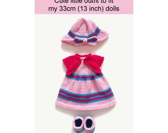 Patrón de punto para ropa de muñeca de 33 cm: vestido, gorro, chaqueta y zapatos (patrón en PDF)