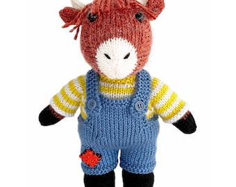 Highland Cow Knitting Pattern PDF, Amigurumi Farm Animal, worked on 2 Needles with Removable Overalls and Sweater