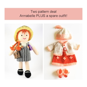 May include: Two knitting patterns for a doll, one for a doll with a dress, hat, cardigan, and shoes, and one for a doll with a dress, hat, and bag. The doll is wearing a grey and white striped dress, a yellow hat, and has red hair. The text "Two pattern deal Annabelle PLUS a spare outfit!" is at the top of the image.