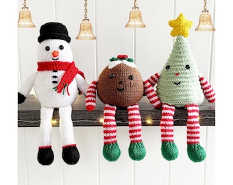 Christmas Shelf Sitters Knitting Pattern Snowman Pudding Tree Worked on Two Needles