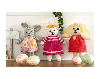 Pocket Bunnies Toy Knitting Pattern 6 Inches Tall Mini Flower Bunnies With Dress