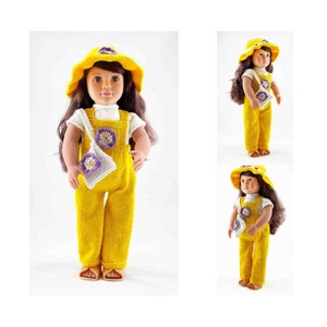 May include: A doll wearing a yellow crocheted outfit, including overalls, a sun hat, and a purse. The outfit has white and purple floral accents. The doll has long brown hair and is wearing sandals.