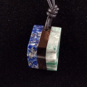 Lapis, Petrified Wood, and Emerald Pendant Adjustable Leather Necklace Handmade by Chris Hay