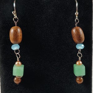 Aventurine, Blue Chalcedony, Wood, and Sterling Silver Earrings