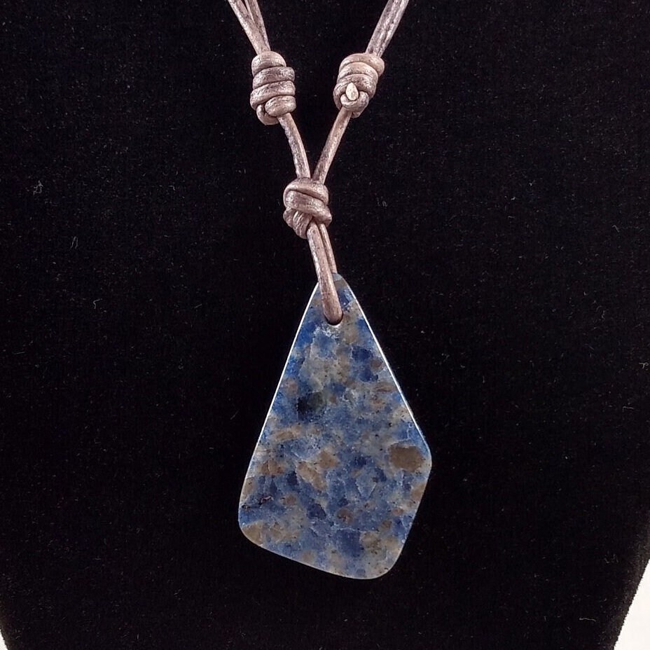 Blue Aventurine Pendant Adjustable Leather Necklace Handmade by
