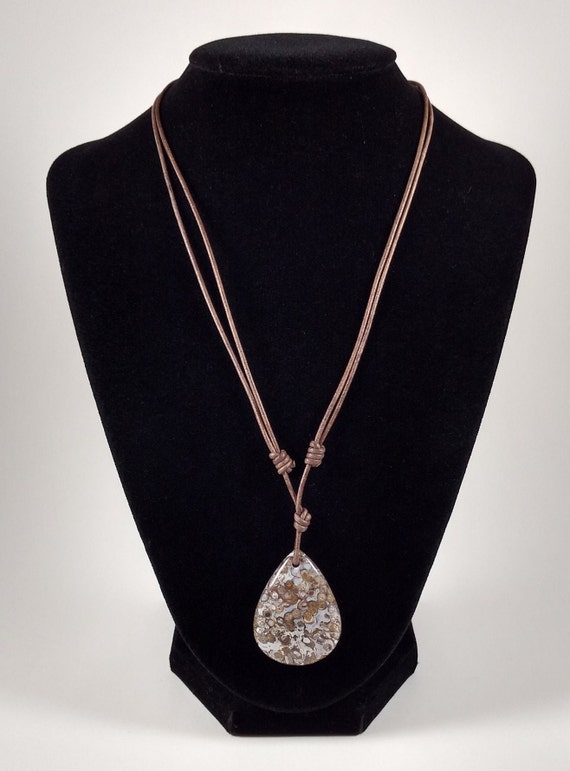 Oolitic Quartz Pendant Adjustable Leather Necklace Handmade by