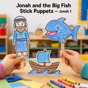 Jonah and the Big Fish Stick Puppets, Printable Bible Story Craft for Kids
