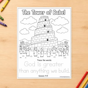 Pode incluir: Uma página de colorir em preto e branco intitulada The Tower of Babel com uma torre de pedra em espiral, nuvens e pessoas. Abaixo da ilustração, o texto diz: Trace the words: God is greater than anything we build. Genesis 11:9.