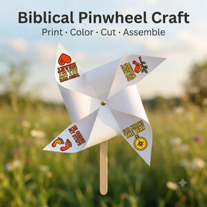 May include: A white paper pinwheel craft on a wooden stick featuring four colourful illustrations and text: TRUST WITH ALL MY HEART with a heart, DO NOT WORRY with a bird, HE GUIDES MY STEPS with footprints, and GOD KNOWS THE WAY with a compass.