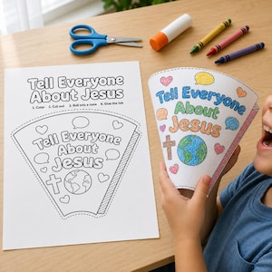 Puede incluir: Una hoja de actividades de papel para imprimir con el texto Tell Everyone About Jesus, que incluye una cruz, un globo terráqueo y corazones. Se sostiene una versión terminada y coloreada en forma de cono, junto a tijeras azules, pegamento y lápices.