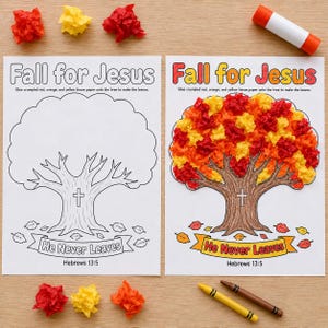 Może przedstawiać: Dwa arkusze aktywności zatytułowane Fall for Jesus z zarysem drzewa i tekstem He Never Leaves Hebrews 13:5. Jeden arkusz to czarno-biały rysunek liniowy, drugi jest pokolorowany pogniecionymi czerwonymi, pomarańczowymi i żółtymi liśćmi z bibuły.