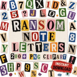 Könnte beinhalten: Eine Collage aus ausgeschnittenen Buchstaben und Zahlen in verschiedenen Farben und Schriftarten, angeordnet auf weißem Hintergrund. Die Wörter "RANSOM NOTE LETTERS" sind geschrieben. Enthält den Text "200+ PNG CLIPART" und "INSTANT DOWNLOAD".