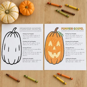 May include: Two white sheets of paper titled Pumpkin Gospel, one with a black and white pumpkin outline and one with a colored-in jack-o'-lantern, surrounded by a real white pumpkin, an orange pumpkin, and several colorful wax crayons.