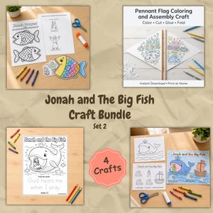 May include: A Jonah and the Big Fish craft bundle featuring four printable activity sheets for coloring and assembly. The set includes black and white line art, colored examples, scissors, glue sticks, and crayons for creating paper pennants and scenes.