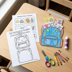 May include: A craft activity set titled My Backpack of Promises featuring printed instruction sheets, a colored paper backpack cutout with yellow stars, small rectangular promise cards with illustrations, a glue stick, scissors, and crayons.