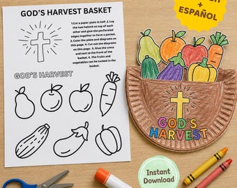 May include: A God's Harvest Basket craft kit featuring a printed instruction sheet with black and white fruit and vegetable outlines, a brown paper plate pocket with a cross and coloured text, scissors, a glue stick, and two crayons.