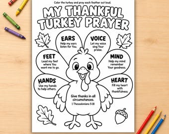 May include: A black and white printable colouring page titled My Thankful Turkey Prayer featuring a central turkey illustration with feathers labelled with prayers for ears, voice, mind, heart, hands, and feet, surrounded by leaves and an acorn.