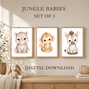 Juego de 3 láminas infantiles de animales de la selva, arte mural de animales bebés en acuarela, decoración infantil neutra, descarga digital imprimible, mono y cebra.