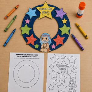 May include: A circular craft wreath featuring a dark blue background with colourful paper stars and a cartoon figure of Abraham. The top star reads Count the Stars Genesis 15:5. Includes six crayons, a glue stick, and two printed activity sheets.