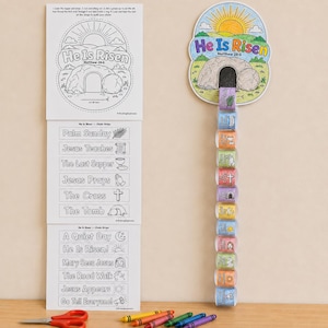 May include: A paper craft kit featuring black and white coloring sheets with the text He Is Risen and Matthew 28:6. The kit includes a colored paper chain hanging from a tomb illustration, with individual links labeled with religious events.