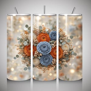 Fall Ranunculus Tumbler Wrap PNG, Dusty Blue & Rust 3D Floral Sublimation, 20oz Skinny Straight and Tapered, Autumn Digital Download
