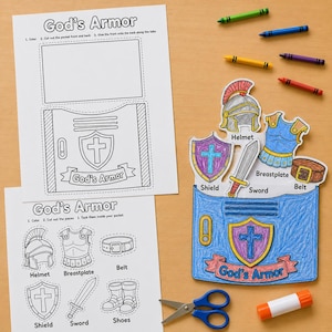 May include: A God's Armor paper craft activity set featuring two printed sheets with black and white outlines of a helmet, breastplate, belt, shield, sword, and shoes, alongside a colored version tucked into a paper pocket with crayons and scissors.