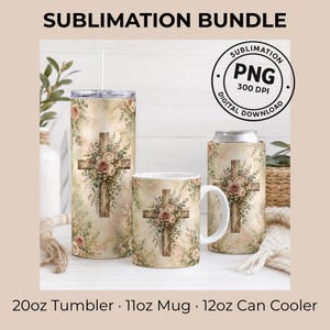 Op de afbeelding: Een sublimatiebundel met een 20oz beker, een 11oz mok en een 12oz blikkoeler, allemaal versierd met een houten kruisontwerp met zachtroze rozen en groen blad op een beige achtergrond, inclusief een digitaal PNG-downloadlabel.