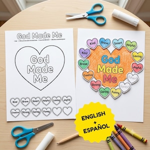 Puede incluir: Dos hojas de actividades blancas con el texto God Made Me, que presentan un contorno de corazón grande y recortes de corazones pequeños con palabras como Kind, Brave y Smart. Incluye tijeras azules, pegamento en barra y lápices de colores.