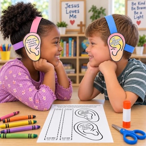 Può includere: Un set di lavoretti in carta composto da due fasce per la testa con ritagli a forma di orecchio. Un ritaglio riporta la scritta 'Speak, Lord, for your servant is listening. 1 Samuel 3:10' e l'altro 'MY LISTENING EARS'. Include pastelli, colla e forbici.