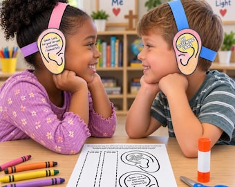 May include: A paper craft activity set featuring two headbands with ear-shaped cutouts. One ear cutout reads 'Speak, Lord, for your servant is listening. 1 Samuel 3:10' and the other reads 'MY LISTENING EARS'. Includes crayons, glue, and scissors.