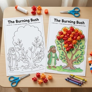 May include: Two paper activity sheets titled The Burning Bush featuring a line drawing of a person with a staff and a tree. One sheet is blank for coloring, while the other is colored with green leaves and red and orange tissue paper flames.