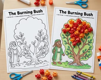 Manualidad sensorial de la zarza ardiente, historia bíblica de Moisés para imprimir para niños