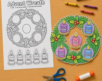 May include: An Advent Wreath craft activity featuring a black and white printable sheet with instructions, a colored-in wreath cutout, five colored candle cutouts labeled Hope, Peace, Joy, Love, and Christ, five crayons, scissors, and a glue stick.